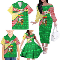 Ethiopia Christmas Family Matching Off The Shoulder Long Sleeve Dress and Hawaiian Shirt with Santa Riding Lion Ethiopian Flag Colors and Tribal Pattern Design - Wonder Print Shop
