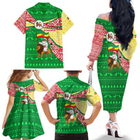 Ethiopia Christmas Family Matching Off The Shoulder Long Sleeve Dress and Hawaiian Shirt with Santa Riding Lion Ethiopian Flag Colors and Tribal Pattern Design - Wonder Print Shop
