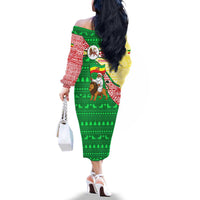 Ethiopia Christmas Family Matching Off The Shoulder Long Sleeve Dress and Hawaiian Shirt with Santa Riding Lion Ethiopian Flag Colors and Tribal Pattern Design - Wonder Print Shop