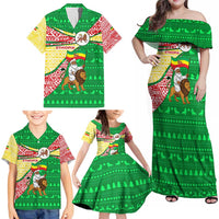 Ethiopia Christmas Family Matching Off Shoulder Maxi Dress and Hawaiian Shirt with Santa Riding Lion Ethiopian Flag Colors and Tribal Pattern Design - Wonder Print Shop