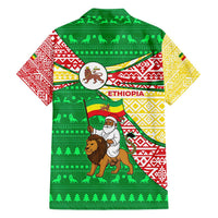 Ethiopia Christmas Family Matching Off Shoulder Maxi Dress and Hawaiian Shirt with Santa Riding Lion Ethiopian Flag Colors and Tribal Pattern Design - Wonder Print Shop