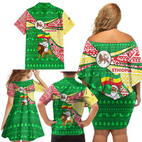 Ethiopia Christmas Family Matching Off Shoulder Short Dress and Hawaiian Shirt with Santa Riding Lion Ethiopian Flag Colors and Tribal Pattern Design - Wonder Print Shop