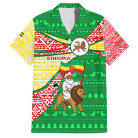 Ethiopia Christmas Family Matching Off Shoulder Short Dress and Hawaiian Shirt with Santa Riding Lion Ethiopian Flag Colors and Tribal Pattern Design - Wonder Print Shop