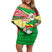 Ethiopia Christmas Family Matching Off Shoulder Short Dress and Hawaiian Shirt with Santa Riding Lion Ethiopian Flag Colors and Tribal Pattern Design - Wonder Print Shop