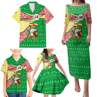 Ethiopia Christmas Family Matching Puletasi and Hawaiian Shirt with Santa Riding Lion Ethiopian Flag Colors and Tribal Pattern Design - Wonder Print Shop