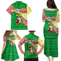 Ethiopia Christmas Family Matching Puletasi and Hawaiian Shirt with Santa Riding Lion Ethiopian Flag Colors and Tribal Pattern Design - Wonder Print Shop