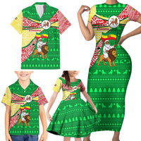 Ethiopia Christmas Family Matching Short Sleeve Bodycon Dress and Hawaiian Shirt with Santa Riding Lion Ethiopian Flag Colors and Tribal Pattern Design - Wonder Print Shop