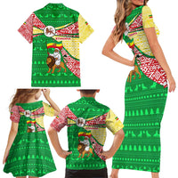 Ethiopia Christmas Family Matching Short Sleeve Bodycon Dress and Hawaiian Shirt with Santa Riding Lion Ethiopian Flag Colors and Tribal Pattern Design - Wonder Print Shop