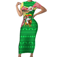 Ethiopia Christmas Family Matching Short Sleeve Bodycon Dress and Hawaiian Shirt with Santa Riding Lion Ethiopian Flag Colors and Tribal Pattern Design - Wonder Print Shop