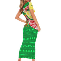 Ethiopia Christmas Family Matching Short Sleeve Bodycon Dress and Hawaiian Shirt with Santa Riding Lion Ethiopian Flag Colors and Tribal Pattern Design - Wonder Print Shop