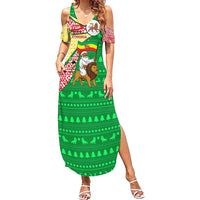 Ethiopia Christmas Family Matching Summer Maxi Dress and Hawaiian Shirt with Santa Riding Lion Ethiopian Flag Colors and Tribal Pattern Design - Wonder Print Shop