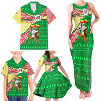 Ethiopia Christmas Family Matching Tank Maxi Dress and Hawaiian Shirt with Santa Riding Lion Ethiopian Flag Colors and Tribal Pattern Design - Wonder Print Shop