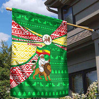 Ethiopia Christmas Garden Flag with Santa Riding Lion Ethiopian Flag Colors and Tribal Pattern Design - Wonder Print Shop