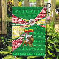 Ethiopia Christmas Garden Flag with Santa Riding Lion Ethiopian Flag Colors and Tribal Pattern Design - Wonder Print Shop