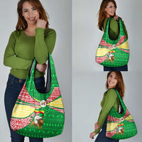 Ethiopia Christmas Grocery Bag with Santa Riding Lion Ethiopian Flag Colors and Tribal Pattern Design - Wonder Print Shop