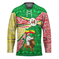 Ethiopia Christmas Hockey Jersey with Santa Riding Lion Ethiopian Flag Colors and Tribal Pattern Design - Wonder Print Shop