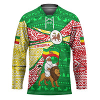 Ethiopia Christmas Hockey Jersey with Santa Riding Lion Ethiopian Flag Colors and Tribal Pattern Design - Wonder Print Shop