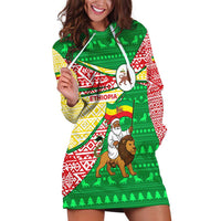 Ethiopia Christmas Hoodie Dress with Santa Riding Lion Ethiopian Flag Colors and Tribal Pattern Design - Wonder Print Shop