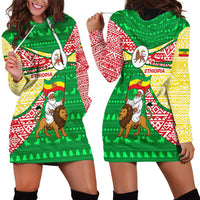 Ethiopia Christmas Hoodie Dress with Santa Riding Lion Ethiopian Flag Colors and Tribal Pattern Design - Wonder Print Shop