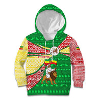Ethiopia Christmas Kid Hoodie with Santa Riding Lion Ethiopian Flag Colors and Tribal Pattern Design - Wonder Print Shop