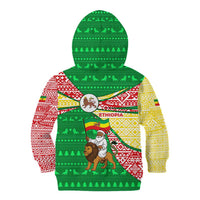 Ethiopia Christmas Kid Hoodie with Santa Riding Lion Ethiopian Flag Colors and Tribal Pattern Design - Wonder Print Shop