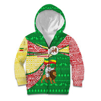 Ethiopia Christmas Kid Hoodie with Santa Riding Lion Ethiopian Flag Colors and Tribal Pattern Design - Wonder Print Shop