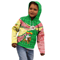 Ethiopia Christmas Kid Hoodie with Santa Riding Lion Ethiopian Flag Colors and Tribal Pattern Design - Wonder Print Shop