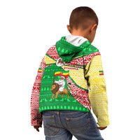Ethiopia Christmas Kid Hoodie with Santa Riding Lion Ethiopian Flag Colors and Tribal Pattern Design - Wonder Print Shop