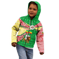 Ethiopia Christmas Kid Hoodie with Santa Riding Lion Ethiopian Flag Colors and Tribal Pattern Design - Wonder Print Shop