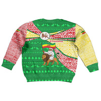 Ethiopia Christmas Kid Ugly Christmas Sweater with Santa Riding Lion Ethiopian Flag Colors and Tribal Pattern Design - Wonder Print Shop