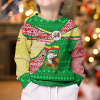Ethiopia Christmas Kid Ugly Christmas Sweater with Santa Riding Lion Ethiopian Flag Colors and Tribal Pattern Design - Wonder Print Shop
