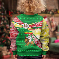 Ethiopia Christmas Kid Ugly Christmas Sweater with Santa Riding Lion Ethiopian Flag Colors and Tribal Pattern Design - Wonder Print Shop