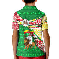 Ethiopia Christmas Kid Polo Shirt with Santa Riding Lion Ethiopian Flag Colors and Tribal Pattern Design - Wonder Print Shop