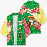 Ethiopia Christmas Kimono with Santa Riding Lion Ethiopian Flag Colors and Tribal Pattern Design - Wonder Print Shop