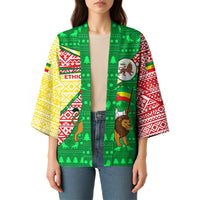 Ethiopia Christmas Kimono with Santa Riding Lion Ethiopian Flag Colors and Tribal Pattern Design - Wonder Print Shop
