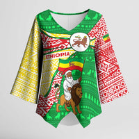 Ethiopia Christmas Kimono Sleeve Blouse with Santa Riding Lion Ethiopian Flag Colors and Tribal Pattern Design - Wonder Print Shop