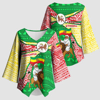 Ethiopia Christmas Kimono Sleeve Blouse with Santa Riding Lion Ethiopian Flag Colors and Tribal Pattern Design - Wonder Print Shop