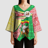 Ethiopia Christmas Kimono Sleeve Blouse with Santa Riding Lion Ethiopian Flag Colors and Tribal Pattern Design - Wonder Print Shop