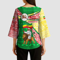 Ethiopia Christmas Kimono Sleeve Blouse with Santa Riding Lion Ethiopian Flag Colors and Tribal Pattern Design - Wonder Print Shop