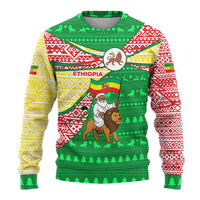 Ethiopia Christmas Ugly Christmas Sweater with Santa Riding Lion Ethiopian Flag Colors and Tribal Pattern Design - Wonder Print Shop