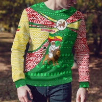 Ethiopia Christmas Ugly Christmas Sweater with Santa Riding Lion Ethiopian Flag Colors and Tribal Pattern Design - Wonder Print Shop