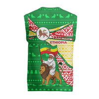 Ethiopia Christmas Knitted V-Neck Vest with Santa Riding Lion Ethiopian Flag Colors and Tribal Pattern Design - Wonder Print Shop