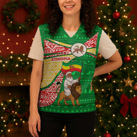 Ethiopia Christmas Knitted V-Neck Vest with Santa Riding Lion Ethiopian Flag Colors and Tribal Pattern Design - Wonder Print Shop