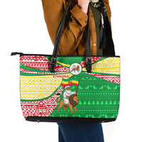 Ethiopia Christmas Leather Tote Bag with Santa Riding Lion Ethiopian Flag Colors and Tribal Pattern Design - Wonder Print Shop