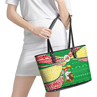 Ethiopia Christmas Leather Tote Bag with Santa Riding Lion Ethiopian Flag Colors and Tribal Pattern Design - Wonder Print Shop