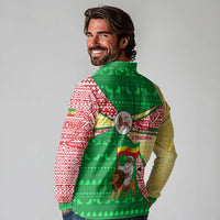 Ethiopia Christmas Long Sleeve Polo Shirt with Santa Riding Lion Ethiopian Flag Colors and Tribal Pattern Design - Wonder Print Shop