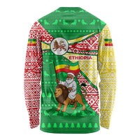 Ethiopia Christmas Long Sleeve Shirt with Santa Riding Lion Ethiopian Flag Colors and Tribal Pattern Design - Wonder Print Shop