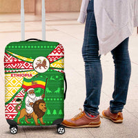 Ethiopia Christmas Luggage Cover with Santa Riding Lion Ethiopian Flag Colors and Tribal Pattern Design - Wonder Print Shop