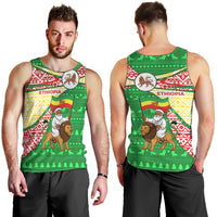 Ethiopia Christmas Men Tank Top with Santa Riding Lion Ethiopian Flag Colors and Tribal Pattern Design - Wonder Print Shop