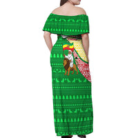 Ethiopia Christmas Off Shoulder Maxi Dress with Santa Riding Lion Ethiopian Flag Colors and Tribal Pattern Design - Wonder Print Shop